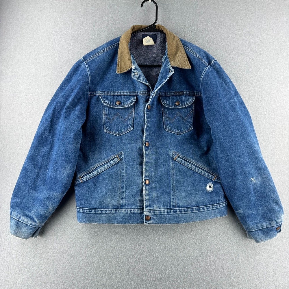 Vintage Wrangler Jacket Mens 44 7-s 80s 14oz Denim Trucker Blanket Lined USA